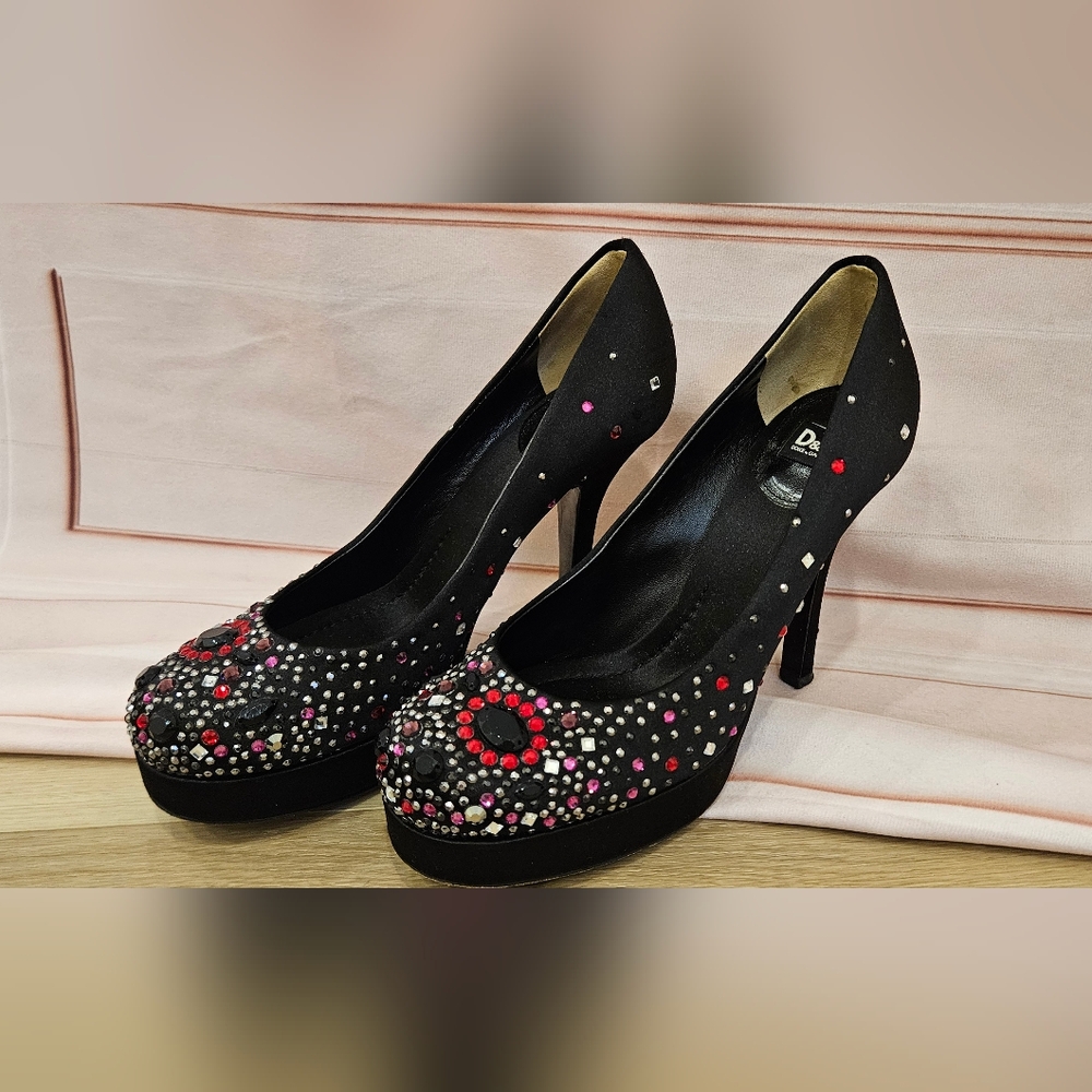 Elegant Black and Red Embellished Heels